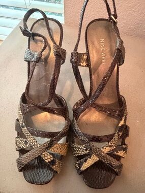 Never worn Nine West Brown Snake-Print Strappy Heels